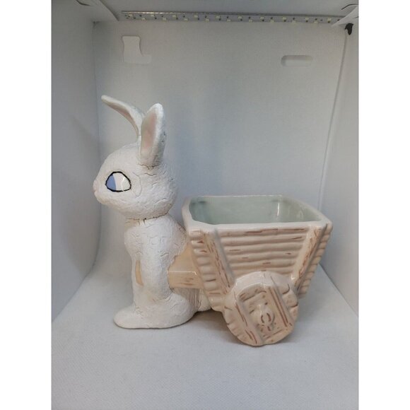 Vintage Planter Bunny Pulling Cart White Rabbit Ceramic Plant Accessory Easter - Picture 7 of 13